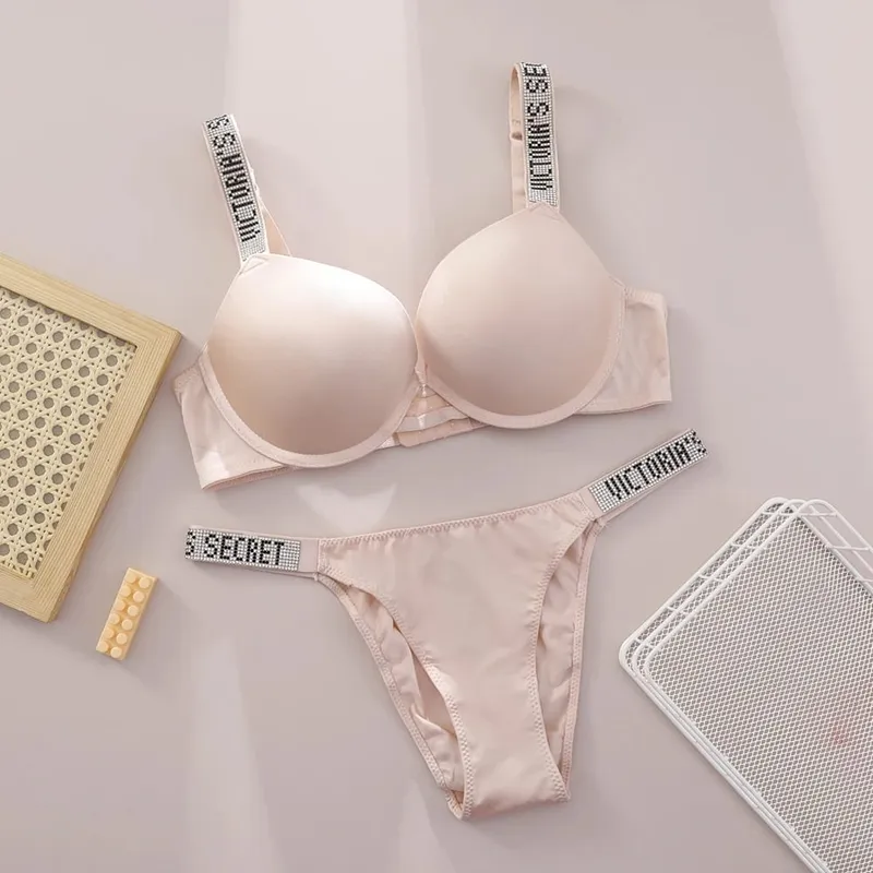 Victoria Secret Shine Script Thong Panty Very Sexy Logo Shine Strap Push Up Bra Set Sexy Women Lingerie Hot