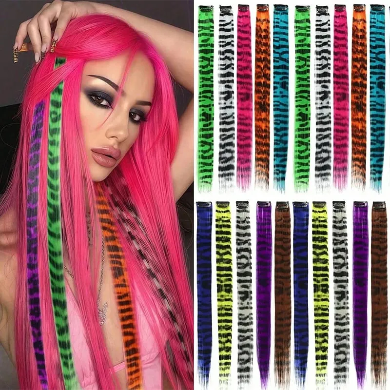 3Pcs Leopard Print Hair Extensions Synthetic Stripe Printed Hair Piece Colorful Long Straight Clip In Hair For Women Girls Party — image 6