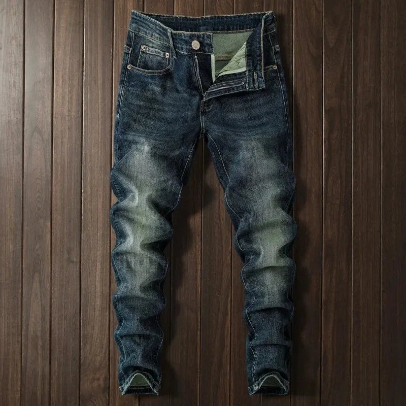 Autumn retro deep blue jeans men elastic and trendy versatile casual street fashion pants