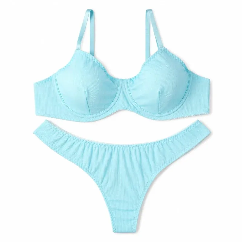 Women Solid Ribbed Lingerie Set Underwire Thin Cup Bra Matching Low Rise Thong Soft Daily Intimates — image 2
