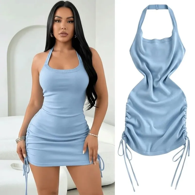Solid Color Halter Neck Dress Sleeveless Design Drawstring Bodycon Dress Stretchy Knit Ruched Side Mini Dress Women Summer Wear — image 6