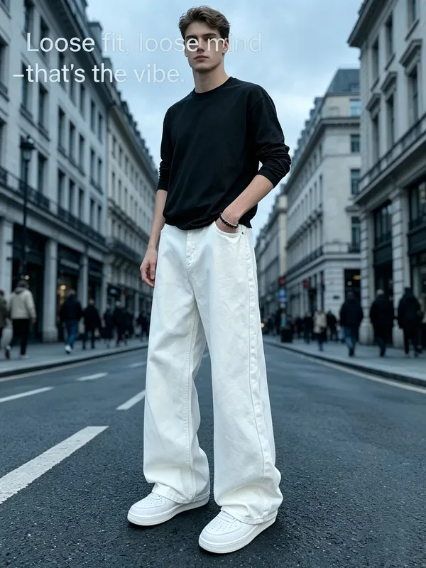 Baggy Jeans for Men Retro Style Solid White Loose Wide Leg Denim Trousers Men Casual Daily Streetwear Washed Men's Jeans Pants — image 9