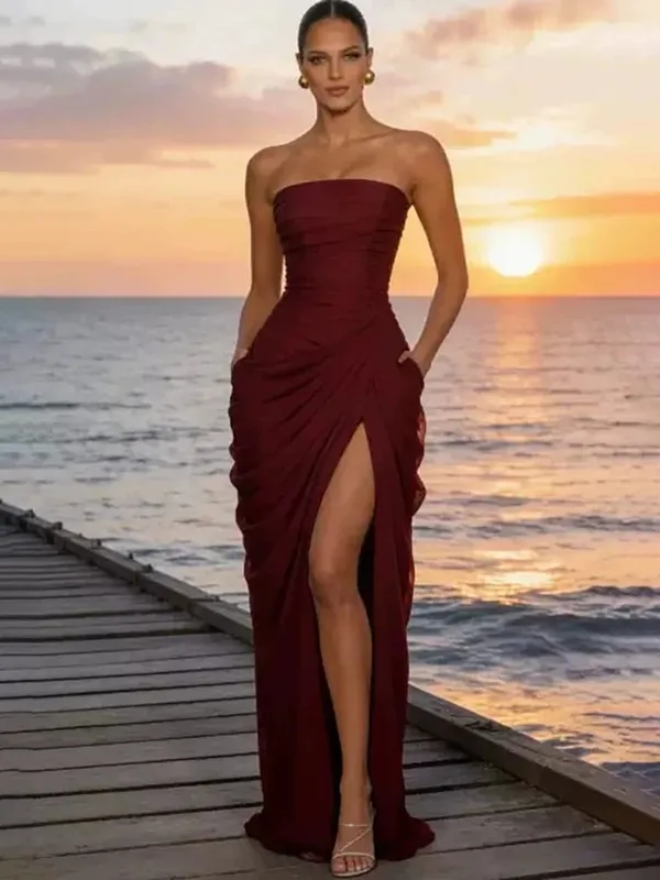 Mozision Chiffon Off-shoulder Strapless Sexy Maxi Dress Women Elegant Sleeveless Backless High Split Ruched Club Party Dress — image 11