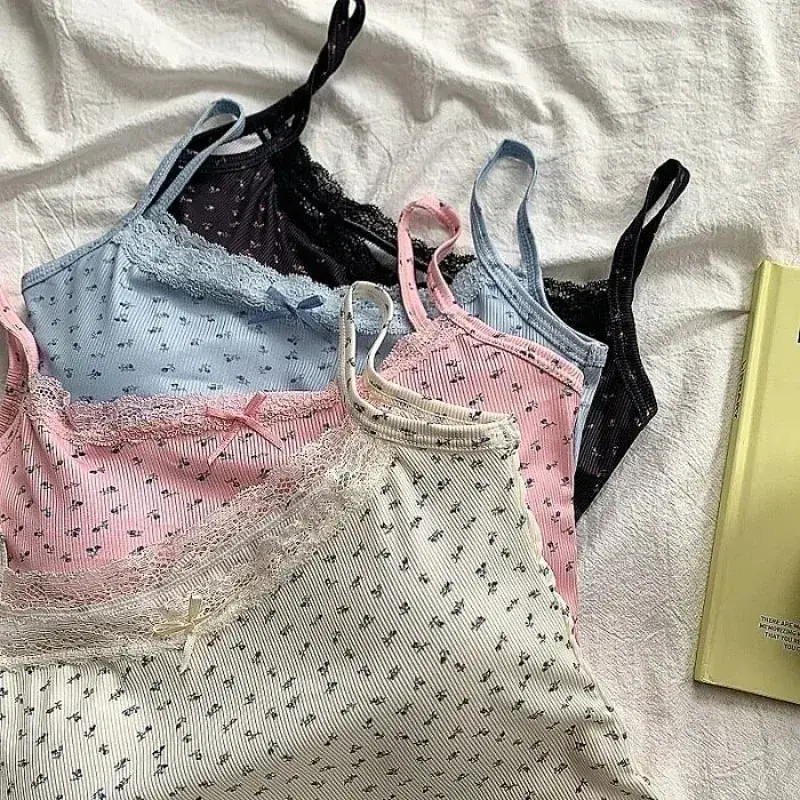 Elegant Lace Flower Print Slim Sexy Vest Floral Tops One Size Tank Spring Sweet Bowknot Style T-Shirt Casual Crop Top Summer — image 9
