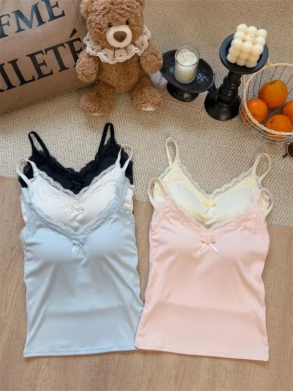 Spaghetti Strap Camis 2026 Summer Lace Ribbed Women Tank Top With Built In Bra Pads Slim Fit Crop Top For Inner & Outer Wear — image 9