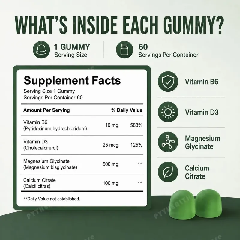 Docteat Magnesium Glycinate Gummies 500mg for Sleep & Stress Relief Bone Health with Vitamin D3 Calcium Citrate & B6 60 Count — image 7