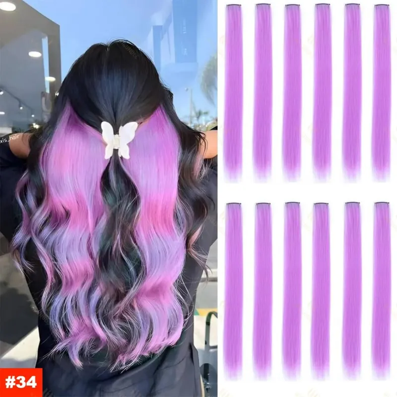 2026 Colored Highlight Hair Extensions 22 Inch Synthetic Rainbow Long Straight Hairpieces Purple Pink Blue for Women Girls Kids — image 22