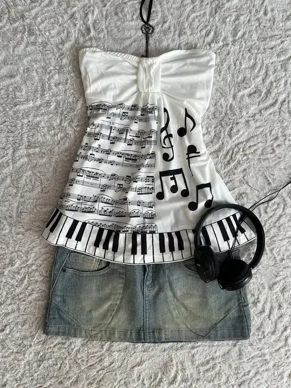 Music Note Piano Key Print Halter Tops Women Y2K Sweet Gothic Strapless Vest Bow Front Ruffle Hem Camisole Fashion Streetwear — image 3