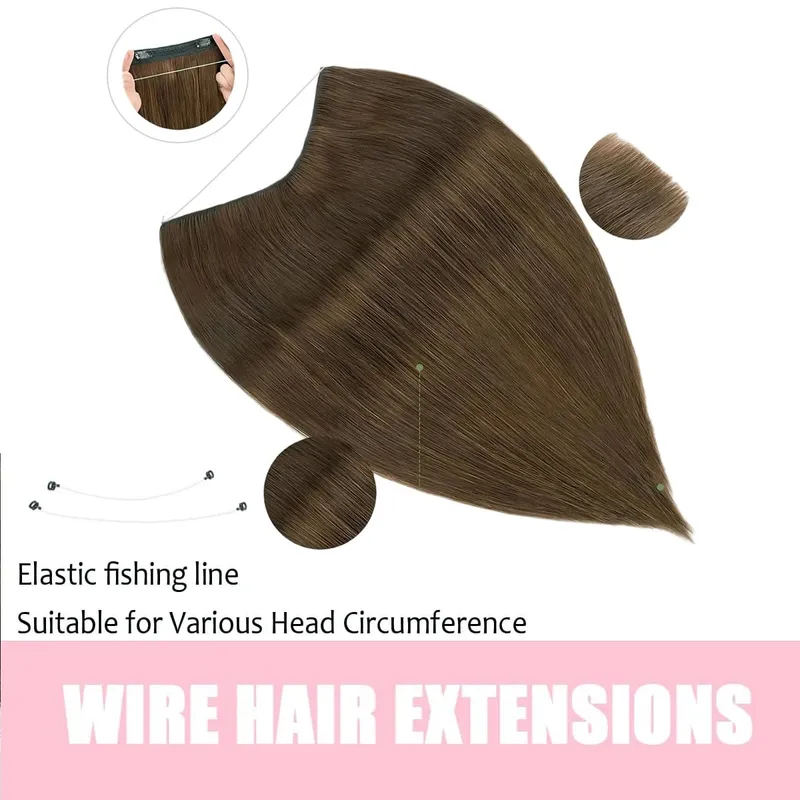 Invisible Halo Hair Extensions Real Human Hair Fish Wire Adjustable Band Secret Clip-in Extension for Women Chocolate Brown — image 3