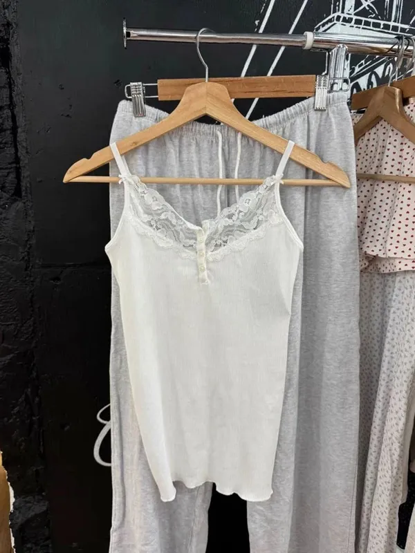 Sweet Lace Patchwork Slim Tank Tops Women Summer White Sexy Simple Cotton Soft Sleeveless Vests Female Vintage Chic Y2K Camisole — image 10
