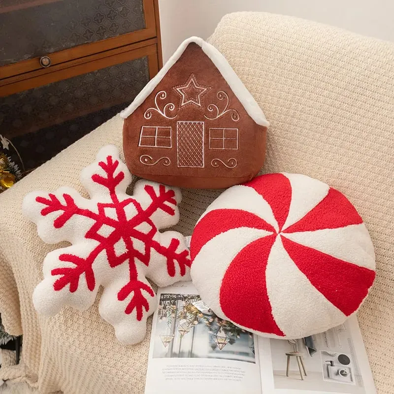 Christmas Day Plush Decor Pillow Stuffed Wreath Snowflake White Red Round Candy Soft Seat Cushion Party Prop Decor Gift — image 6