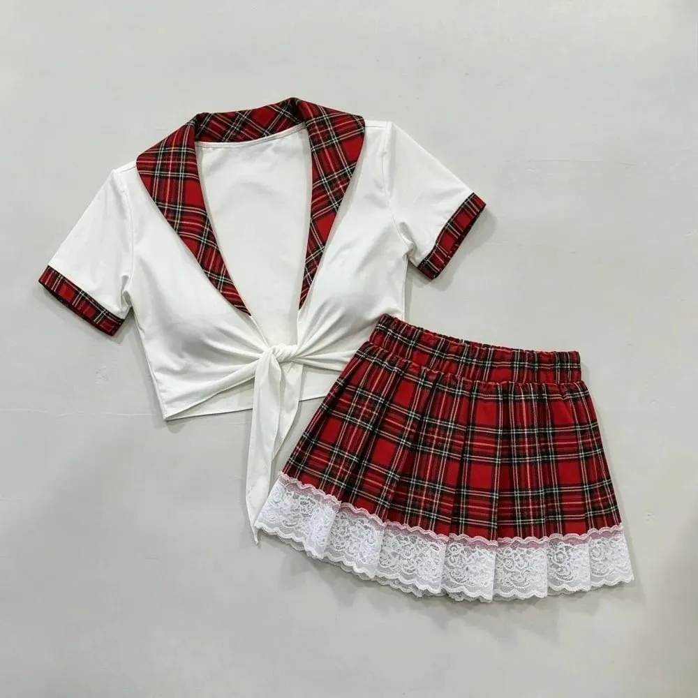 Schoolgirl Cosplay Lingerie Set Red Plaid Tie Front Crop Top Lace Trim Mini Skirt Outfit