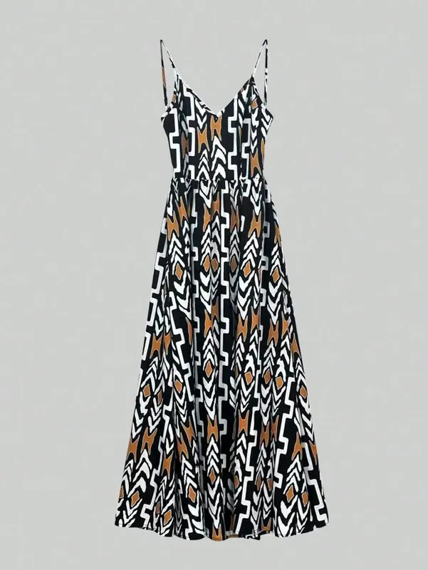 Womens African Print V Neck Backless Maxi Dress Sleeveless High Waist A Line Long Dress Summer Beach Party Elegant Outfit