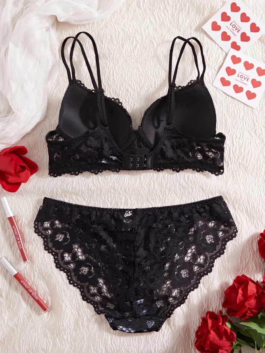 Single of Women's Underwear Set Sexy Floral Lace Push Up Bra Romantic Sheer Panties Comfort Lingerie Set — image 2