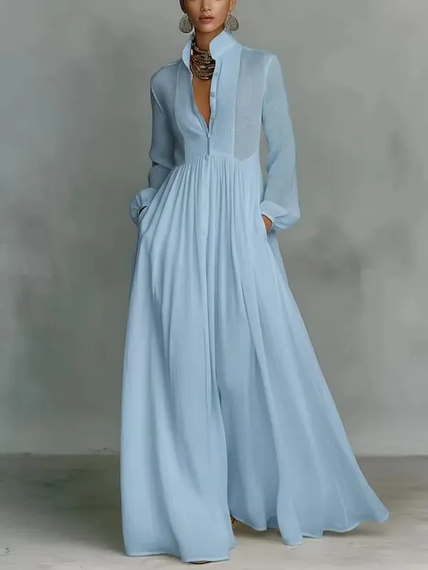 Women's Elegant Single Breasted Long Dress 2026 French High Waist Solid Pockets Pleated Maxi Evening Dress — image 7