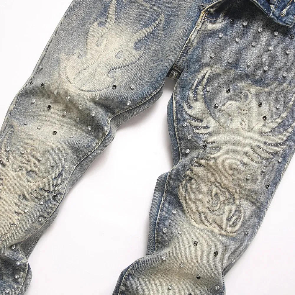 Men's Vintage Bootcut Denim Jeans Streetwear Embossed Totem Pattern Pants Retro Blue Stretch Spandex Slim Flared Trousers — image 3