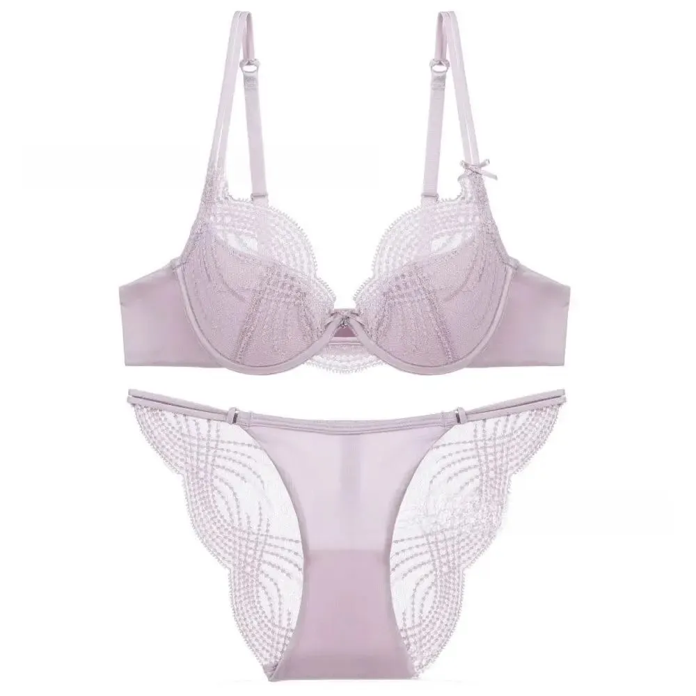 Hollow Thin Cup Women Lingerie Set Seamless French Style Lace Embroidery Lingerie Silk Satin Push Up Bra Set Women Intimates — image 3