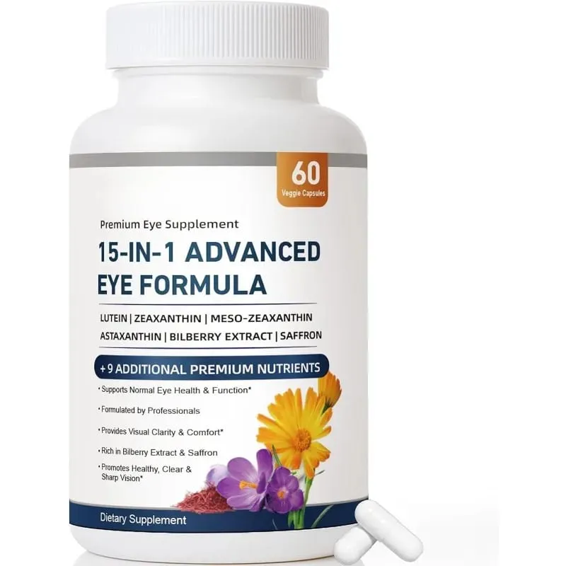 15-in-1 Advanced Eye Formula Lutein Zeaxanthin Bilberry Extract Vitamin C & E Supports Eye Health 60 Veggie Capsules for adult
