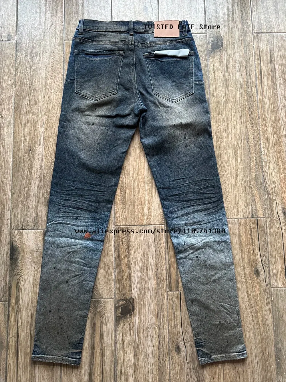 Men's American High Street Distressed Dirty Washed Indigo Spray Painted Stretch Skinny & Slim Fit Graffiti Streetwear Jeans — image 2