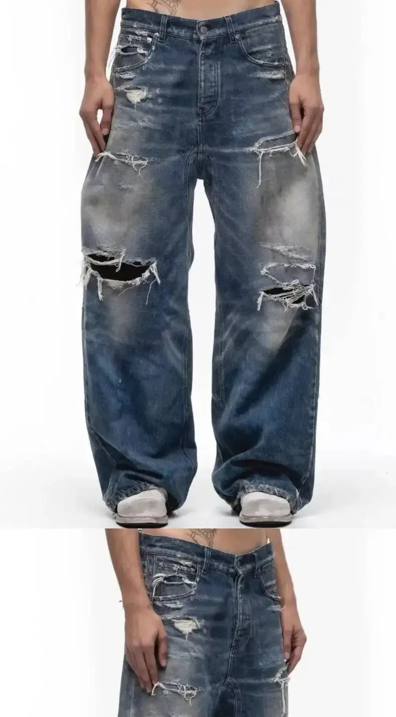Unisex Jeans 2026 Spring Autumn Men's American Hollow Out Washed Retro Jeans Loose Wide Leg Straight Pants Hole Ripped Trousers — image 7
