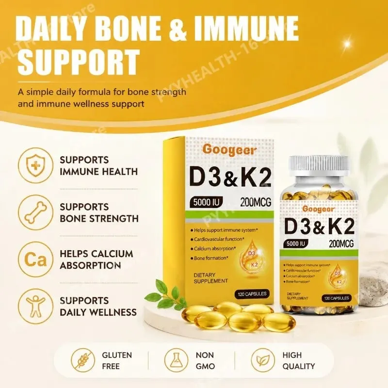 Googeer Vitamin D3 & K2 Capsules with Immune System Support and Bone Formation Support for Calcium Absorption 120 Capsules