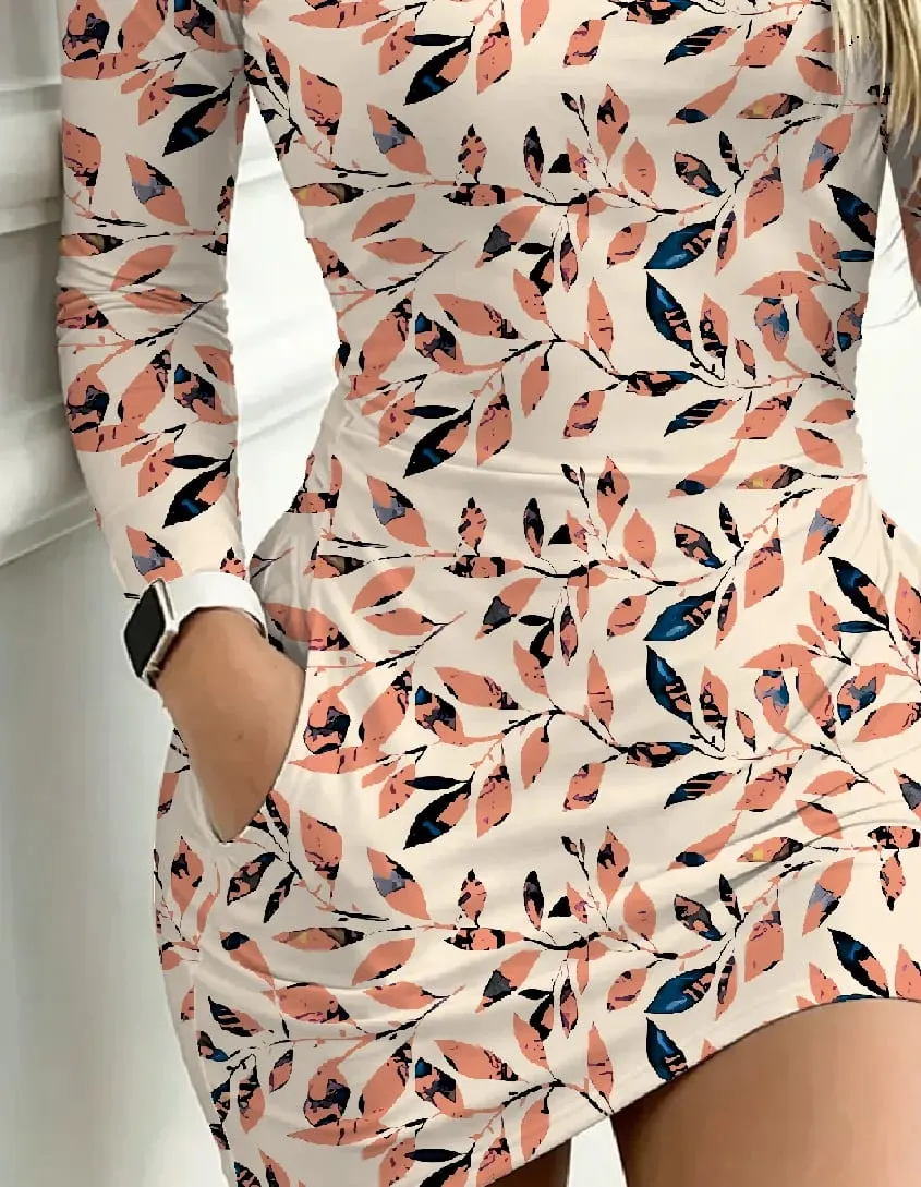 Autumn women's casual round neck leaf print waist cinched long sleeved pocket dress mini skirt length — image 4