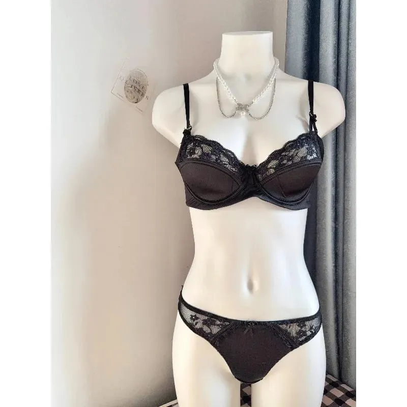 French Premium Satin Half Cup Lace Underwear Women's Thin Sexy Gathering Top Support Glossy Bra Set Big Breasts Small 32-38 Set — image 6