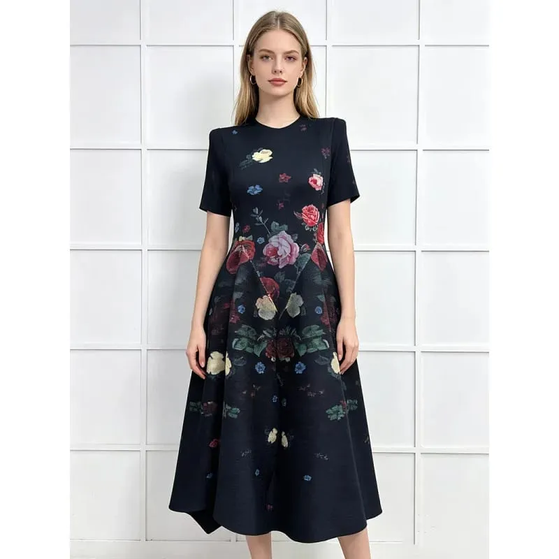 Miyake Pleated Geometric Print A-Line Dresses European New Short Sleeve Simple Elegant Commuter Plus Size Stretch Women's Dress — image 6