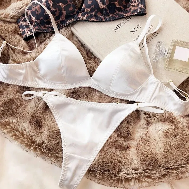 Summer Women Underwear Set Silken Triangle Cup Wireless Bras French Bralette Seamless Intimates Bra and Thong Lingerie Set — image 9