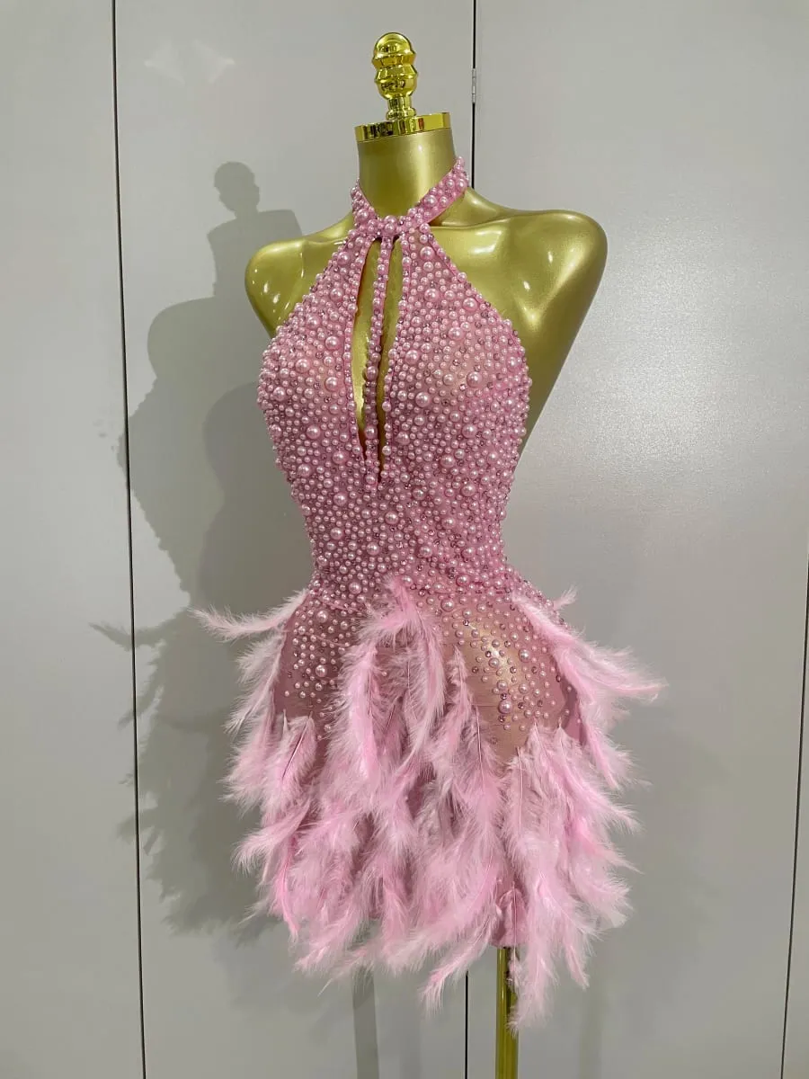 Women Luxury Rhinestones Pearls Feathers Halter Backless Short Dress Women Sexy Celebrate Birthday Dress Nightclub Stage Costume — image 2
