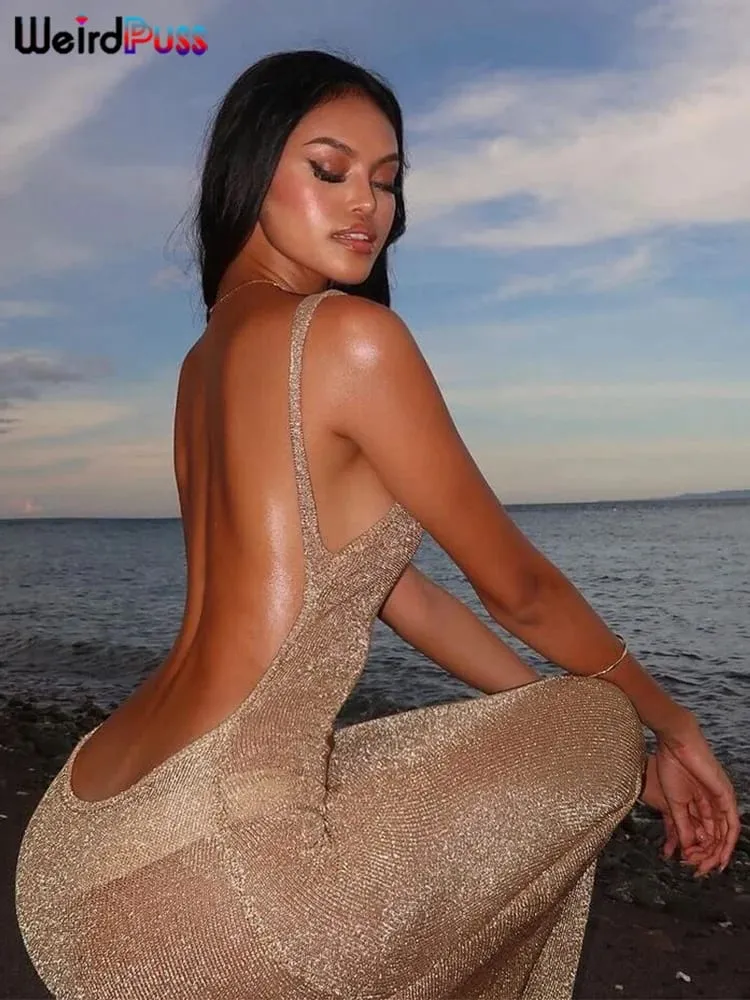 Gaun Tembus Pandang Kucing Aneh Wanita 2024 Musim Panas Tipis Tanpa Lengan Glitter Belahan Coquette Backless Clubwear Pantai Seksi Vestidos — image 5