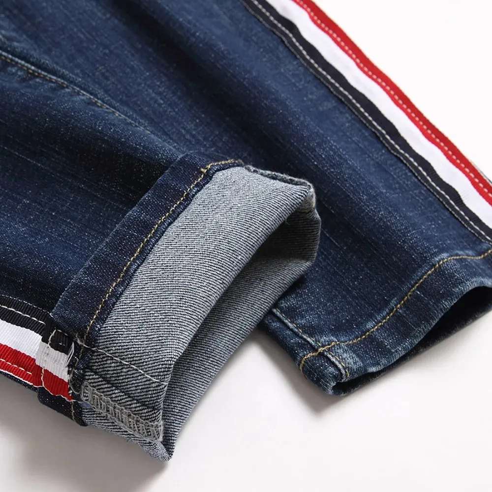 Men Side Stripe Denim Jeans Blue Stretch Washed Denim Pants Slim Straight Trousers — image 5