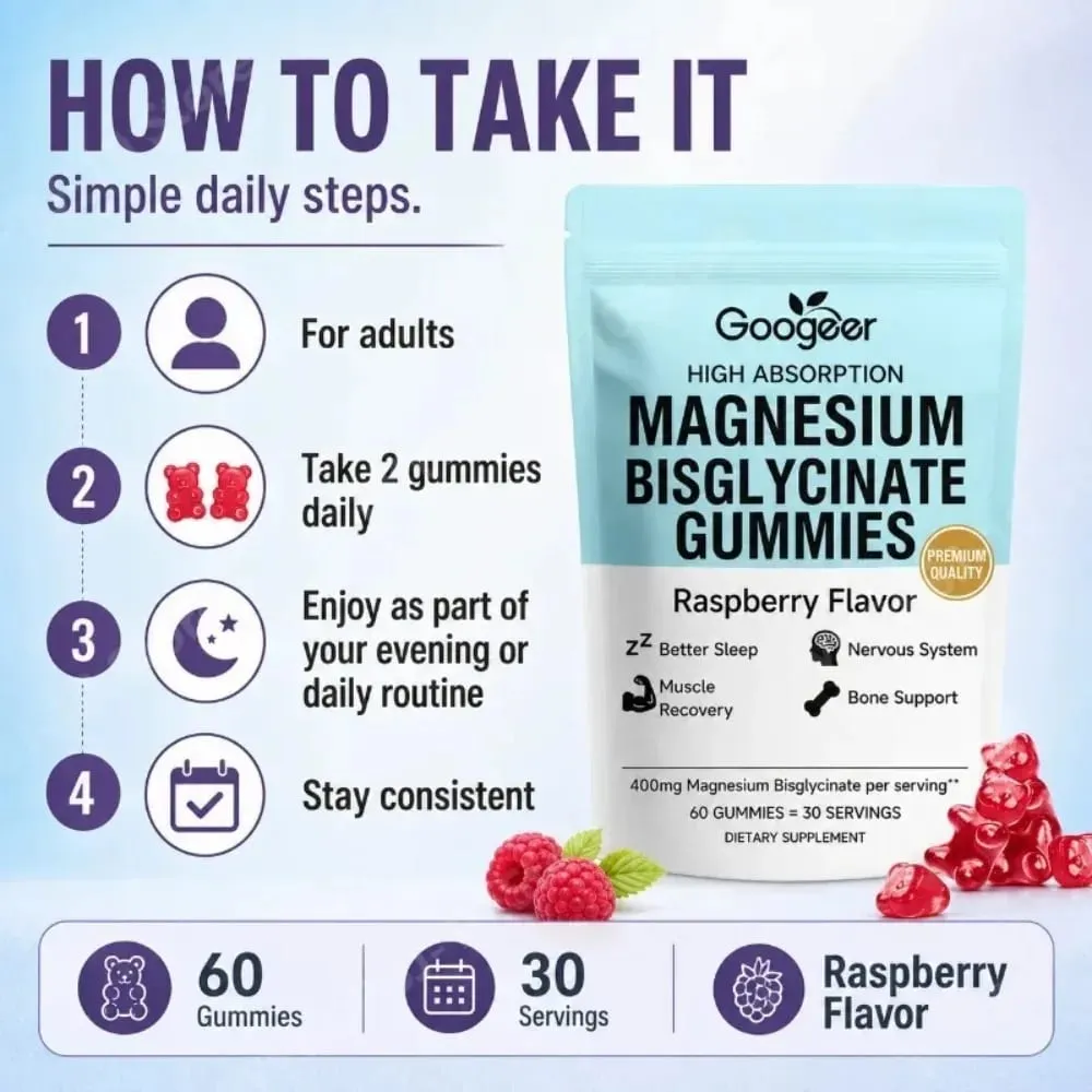 Magnesium Bisglycinate Gummies 400mg High Absorption for Sleep Muscle Recovery & Bone Support with D3 & Zinc Raspberry 60 Ct — image 5