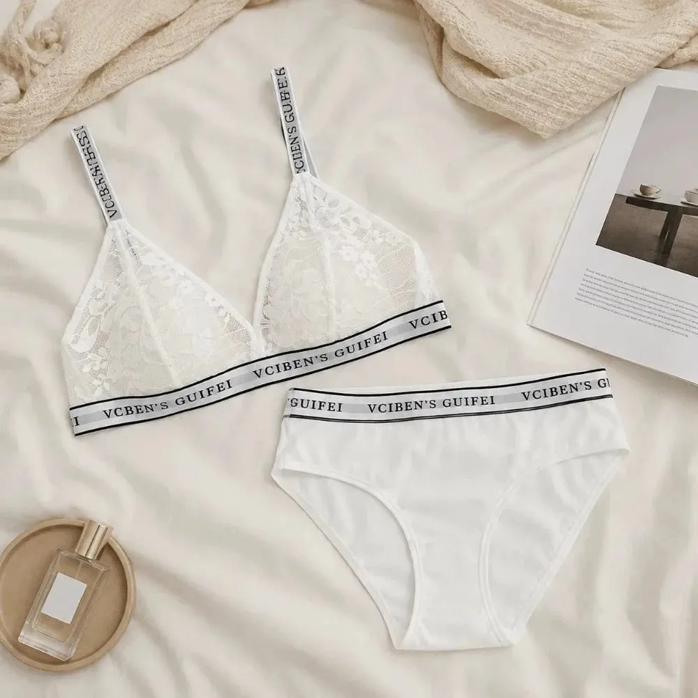 Bra Suit Letter Design Lingerie Set Lace Wireless Women Underwear Suit Deep V Color Blocking Bra Panties Set Women — image 3