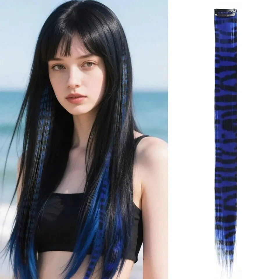 Long Straight Colorful Striped Feather Hairpieces Synthetic Y2K Green Orange Clip in Leopard Print Hair Piece Cosplay Party — image 15