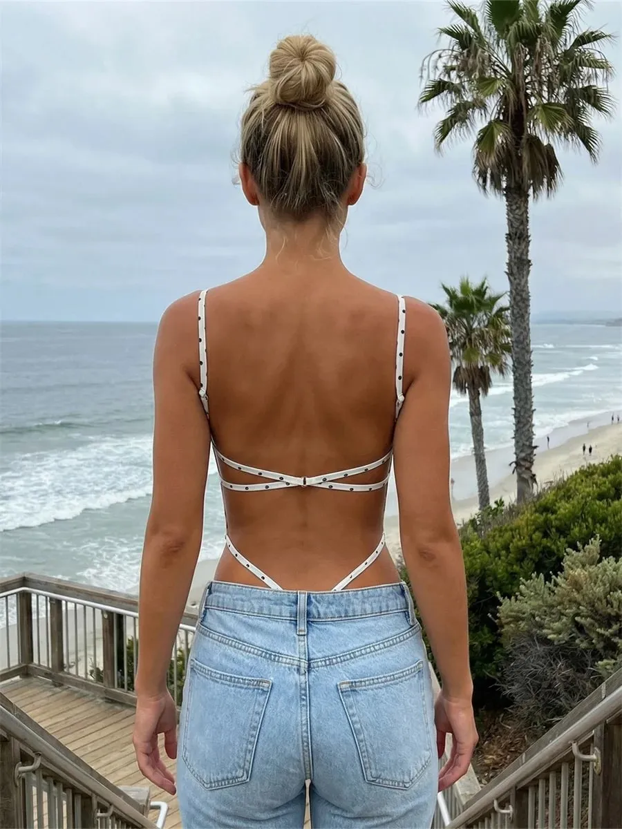 Women's Backless Sleeveless Bodysuits Stylish Dots Print Tank Romper Spaghetti Strap Sexy Club Summer Body Top Shirts — image 4