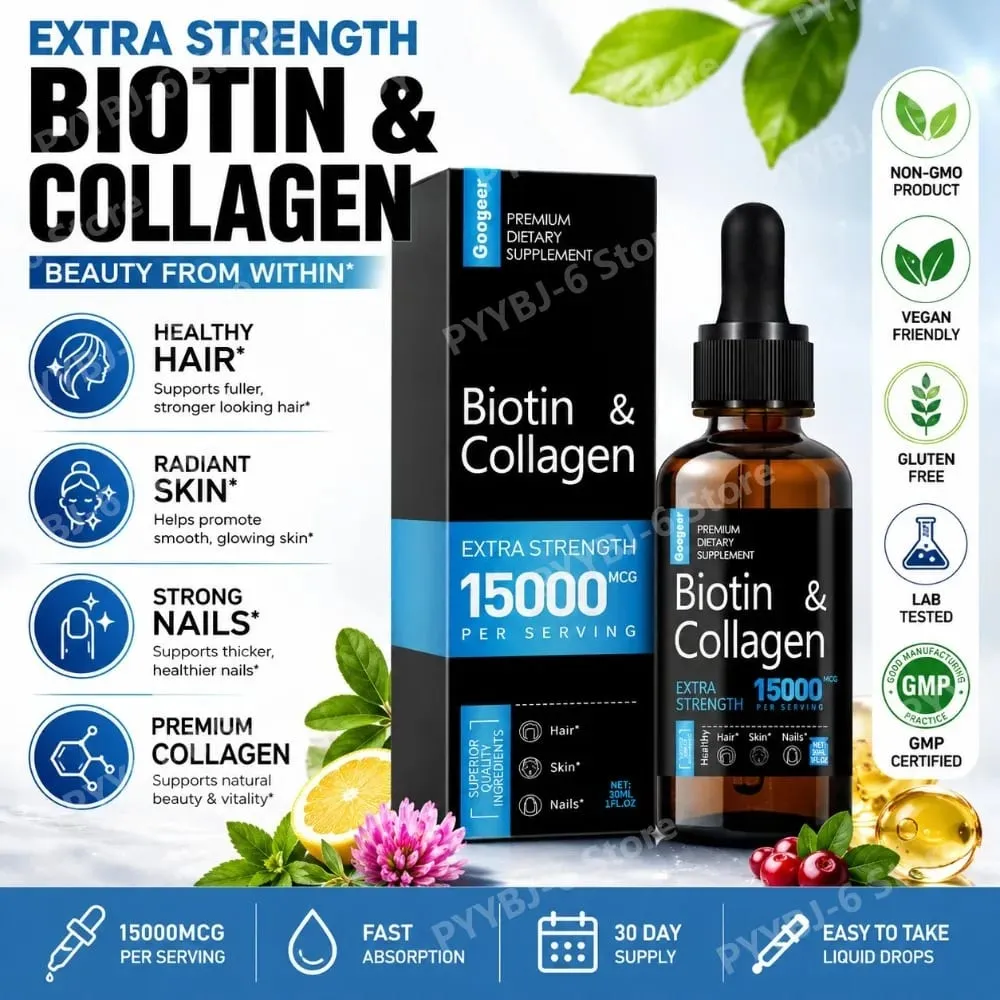 Googeer Biotin Collagen Drops 15000 Mcg Per Serving 30ml 1 Fl Oz Bottle with Ginseng and Licorice Extracts Supports Hair Care — image 2
