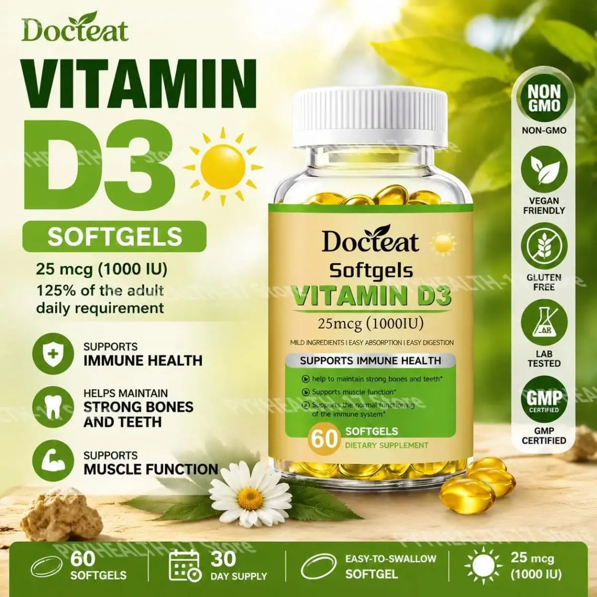 Docteat Vitamin D3 Softgels Supports Immune Health Helps Maintain Bones and Teeth for Adult Daily Requirement 60 Softgels — image 1