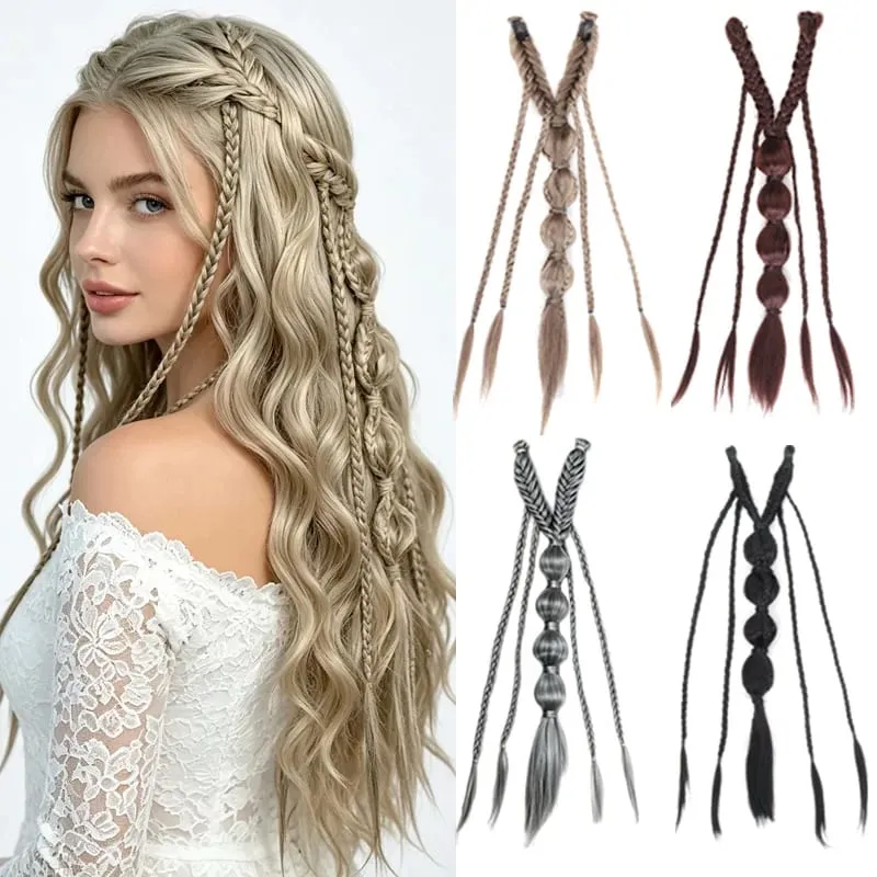 Clip in Braid Synthetic Hair Extensions Boho Festival Princess Braid Viking Renaissance Cosplay Wedding Hairpiece for Women