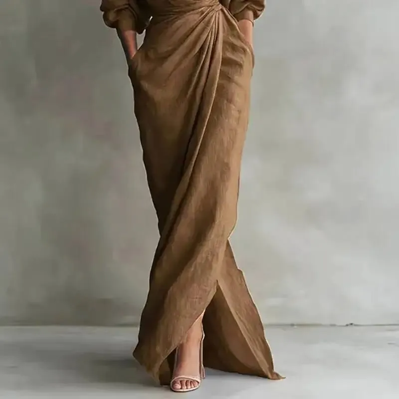 Women's Sexy V Neck Wrap Waist Dresses 2026 Spring Casual Solid Slim Bodycon Hips Elegant Long Sleeve Slit Maxi Dress — image 2