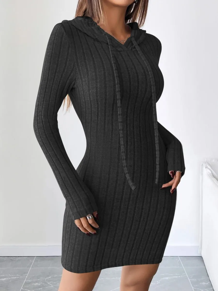 Trendy Ribbed Knitted Hooded Slim Fit Dress with Drawstring - Comfortable Casual Style for Women — image 6