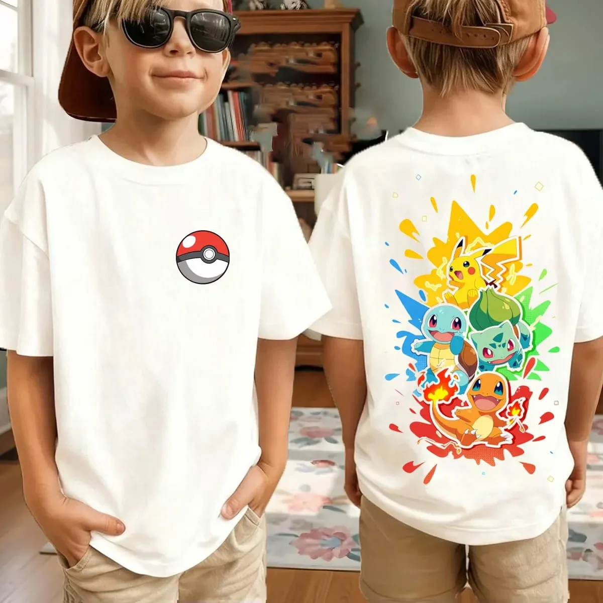 Summer Pokémon AnimeT-shirts Boys Pure Cotton Short-sleeved Top Casual Suitable for Both Boys and Girls Parent-child Outfits. — image 4