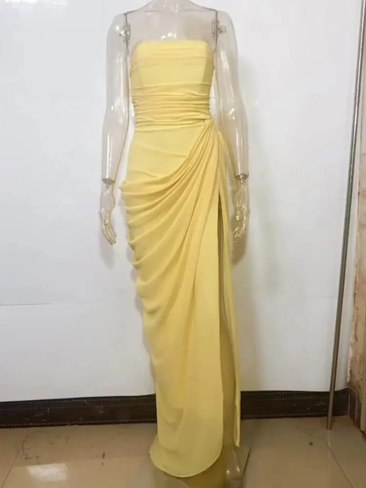 Mozision Chiffon Off-shoulder Strapless Sexy Maxi Dress Women Elegant Sleeveless Backless High Split Ruched Club Party Dress — image 6