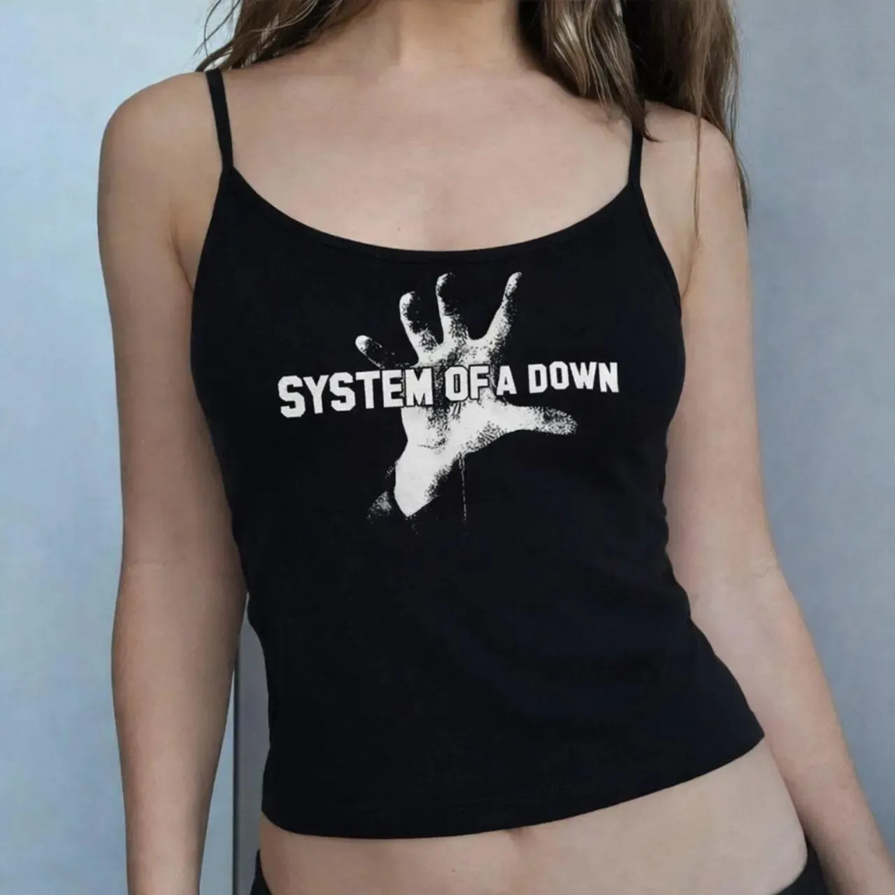 System Of A Down Hand Print Women Crop Cami Top Y2K Rock Band Slim Fit Spaghetti Strap Sleeveless Vintage Grunge Tank Top — image 1