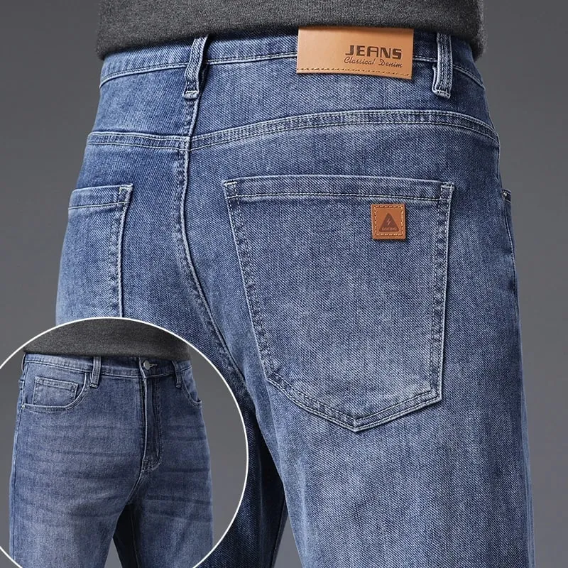Men's Soft Stretch Straight Jeans Business Casual Slim Fit Wash Denim Pants Korean Fashion Blue Gray Male Brand Trousers — image 13