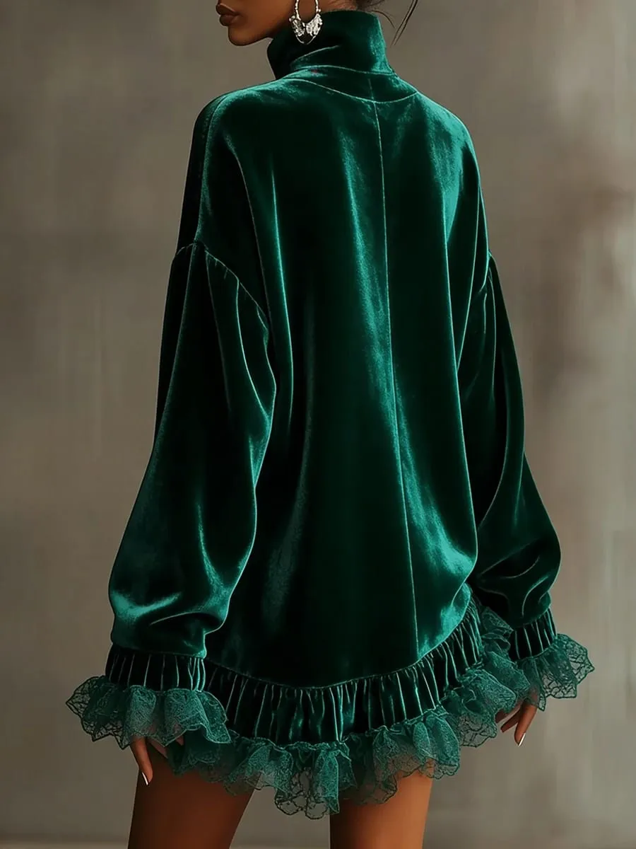 Luxury Turtleneck Solid Velvet Evening Dress Women Sexy Patchwork Lace Long Sleeve Ruffle Autumn Loose Banquet Party Dress — image 4