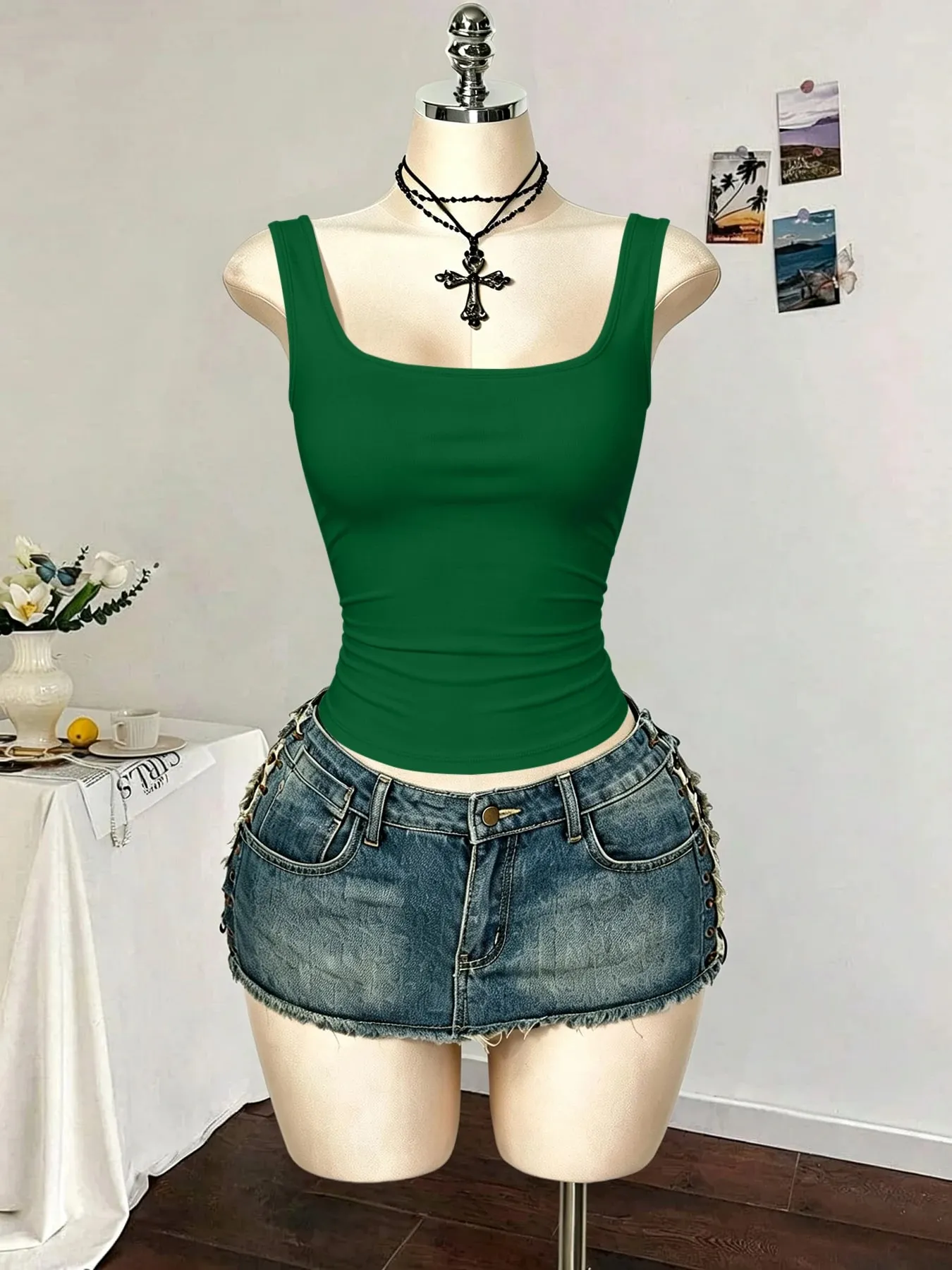 Women Square Neck Wide Strap Ribbed Tank Top Sleeveless Fitted Slim Casual Cami Top — image 9