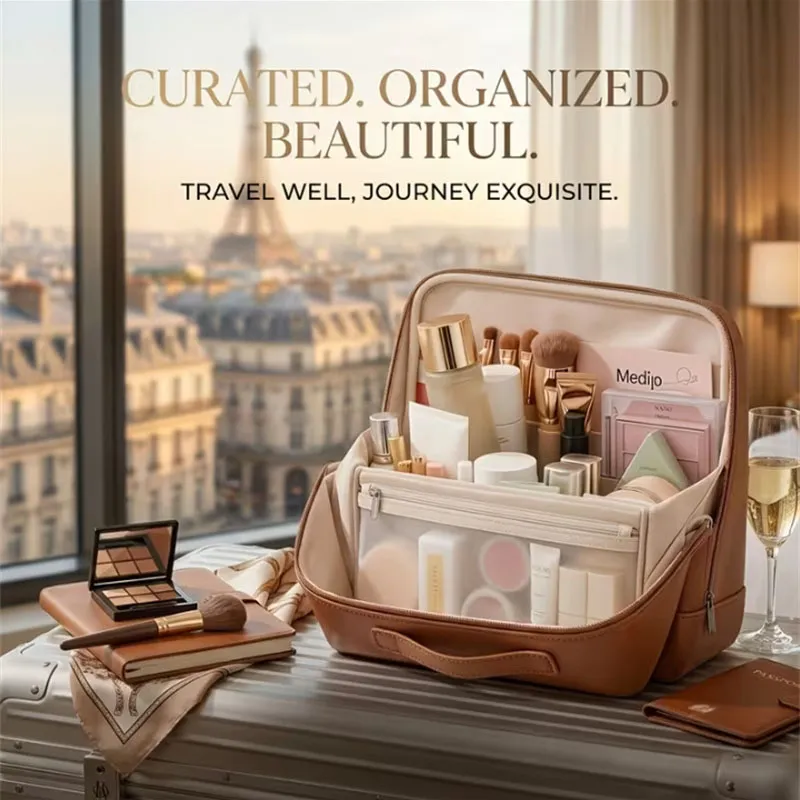 Standing Makeup Brushes Storage Bag PU Leather Multi Compartment Cosmetic Tools Bag Large Capacity Skincare Toiletry Organizer — image 6