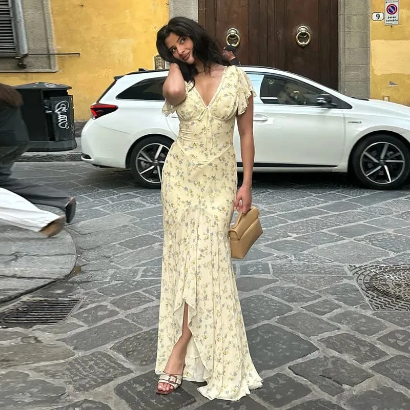 Fashion Women's Dress V-neck Short Sleeve Slim Female Print Floral Dresses 2026 Summer Sexy Elegant Holiday New Party Lady Robe