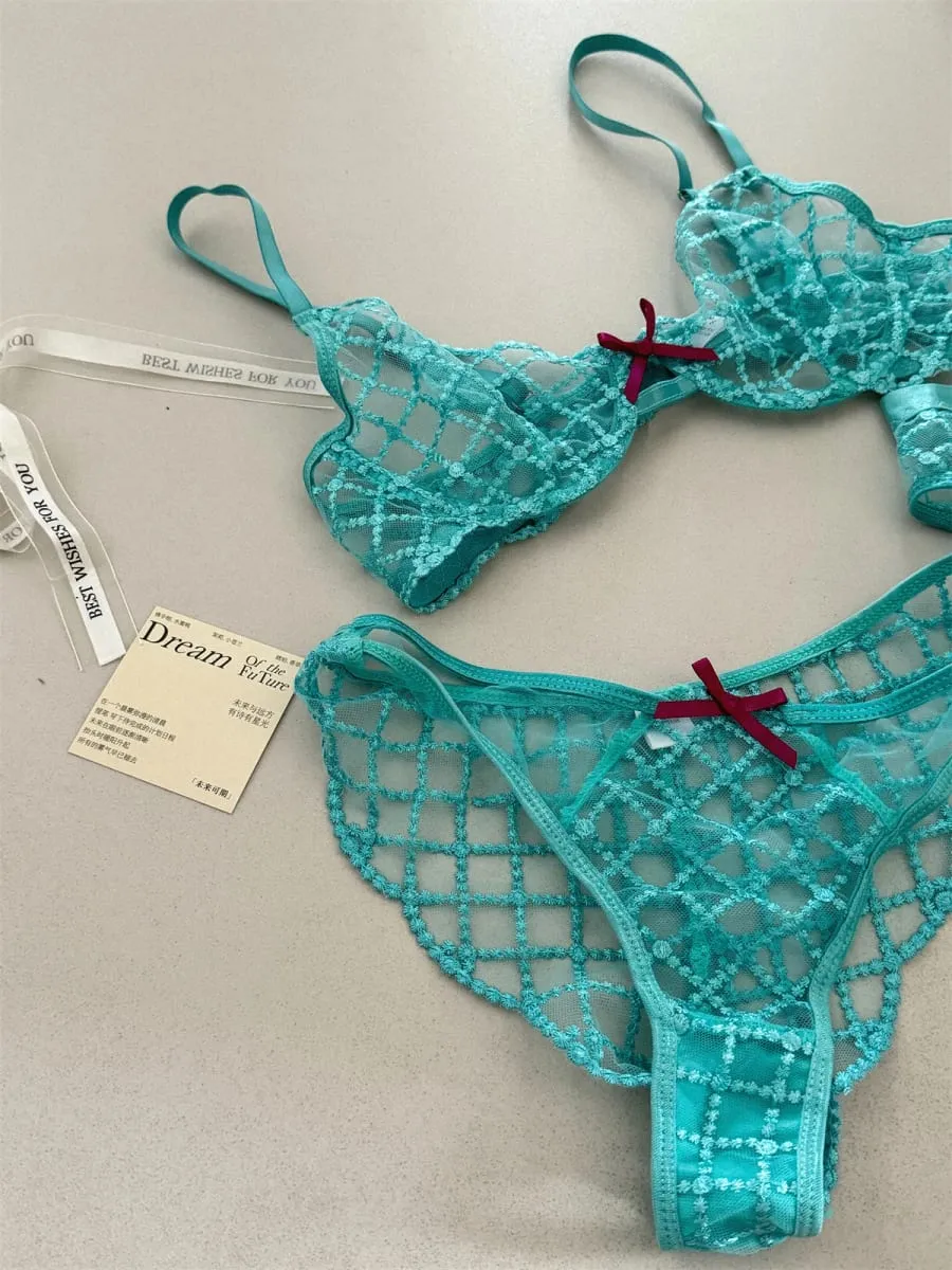 Ensemble de lingerie trois pièces bleu sirène, sous-vêtements fins à gros seins, soutien-gorge sexy en dentelle, soutien-gorge romantique respirant avec sous-vêtement — image 6